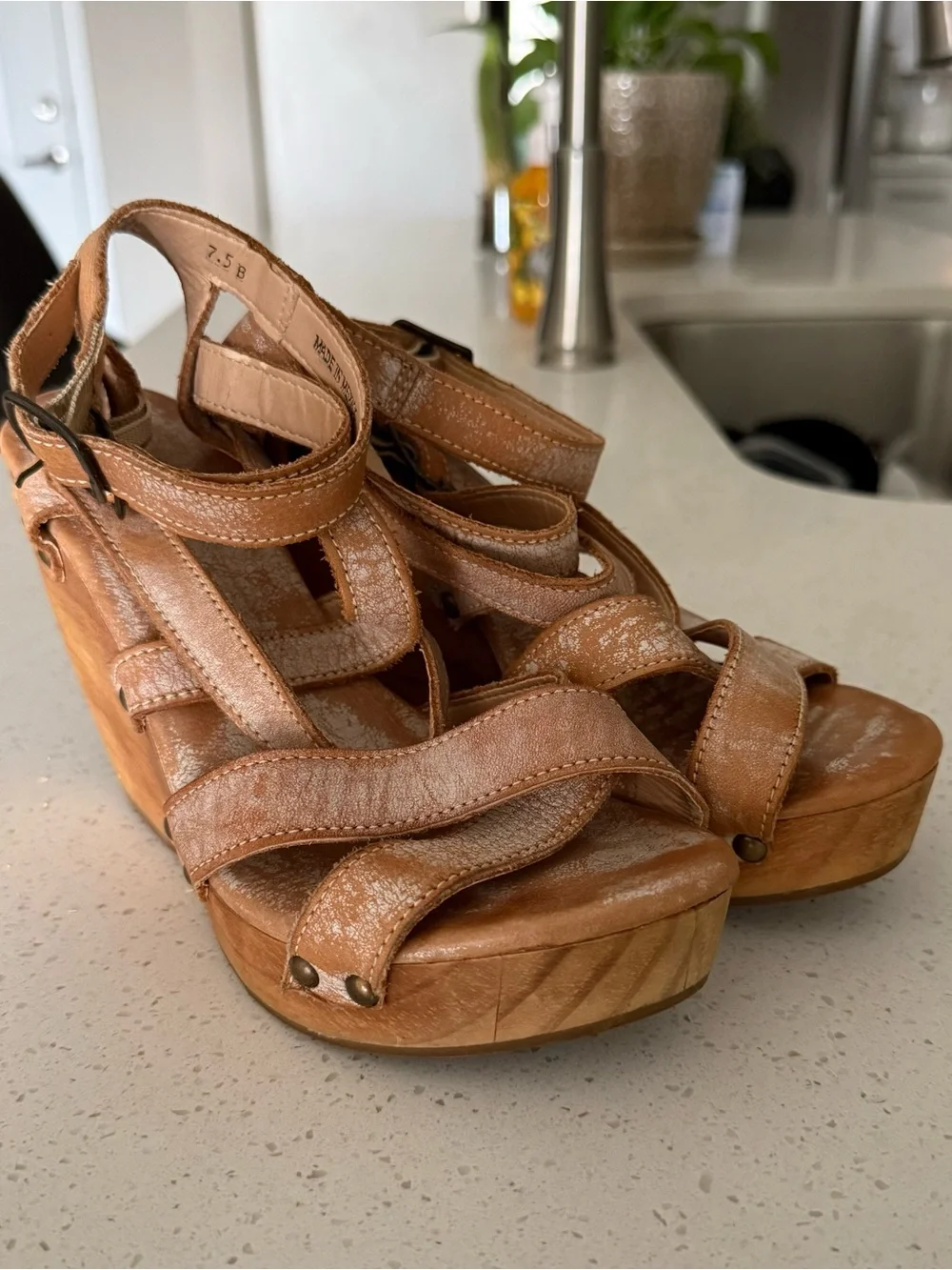 Women’s Bed Stu Tan Leather Strappy Wedge Sandals